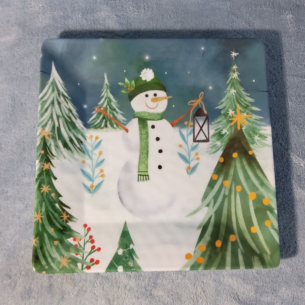 FabulousHome Christmas Snowman Square Platter Serving Tray Melamine 10" Winter